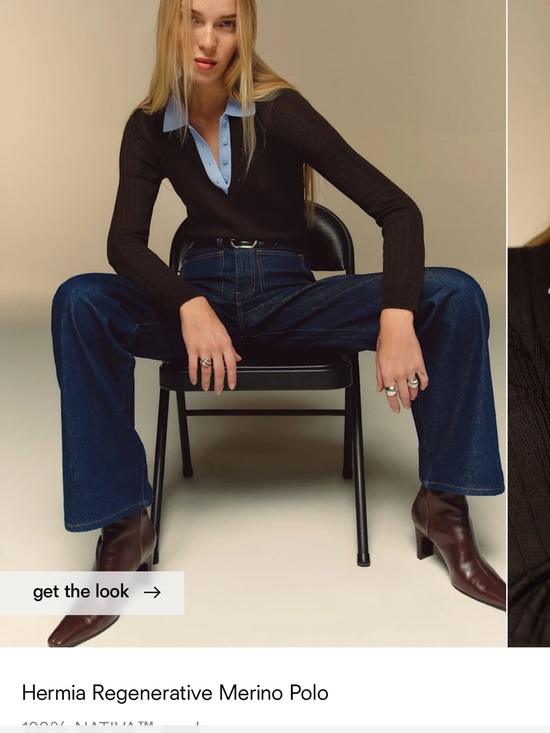 Reformation Tops - Reformation Hermia Regenerative Merino Polo in Black with Light Blue Collar